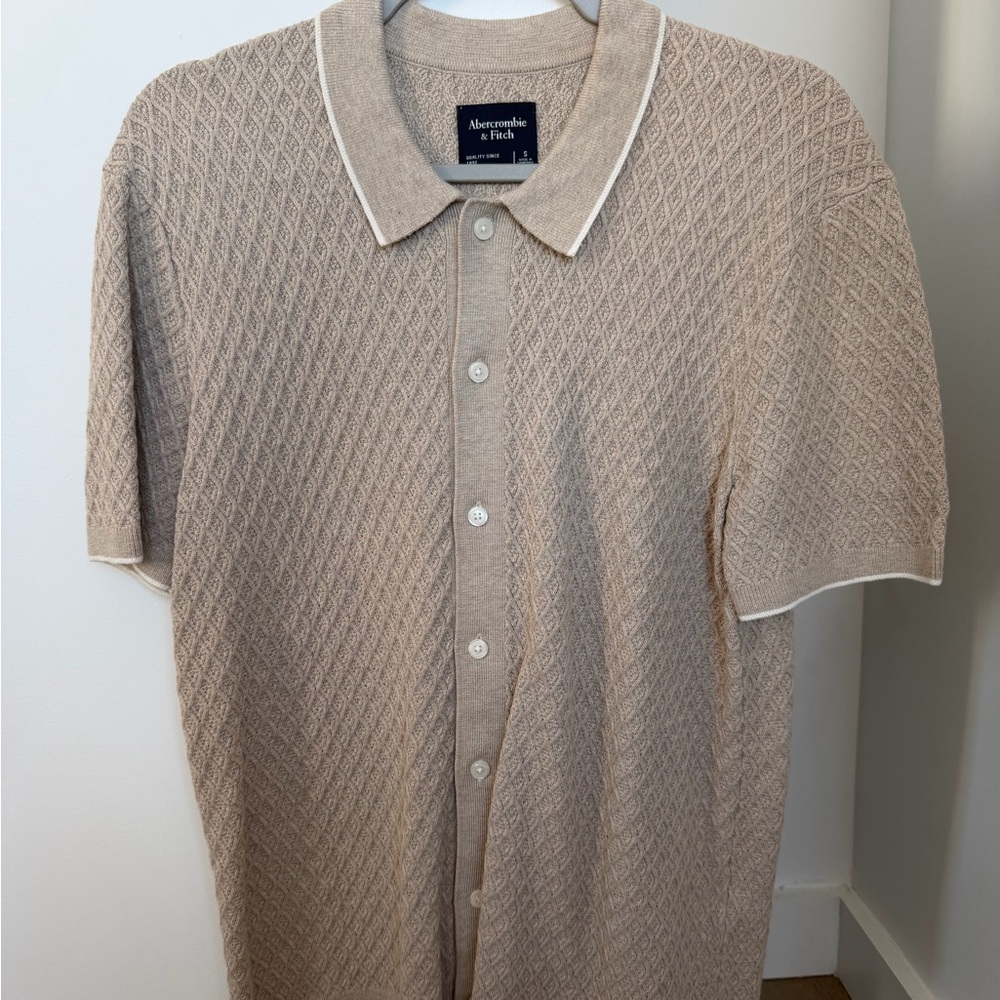 Abercrombie & Fitch Light Beige Knit Polo with Contrast Trim